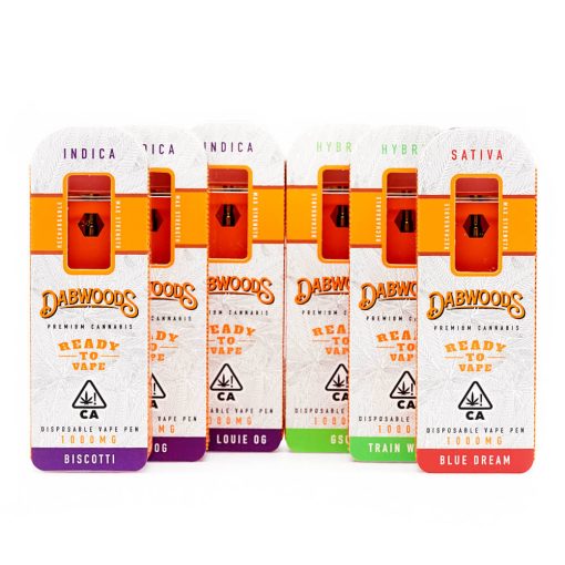 Dabwoods-1-gram-disposable-vape-pen-with-package-of-different-strains